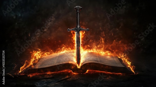 Wallpaper Mural Sword embedded in burning book, flames surrounding, dark background Torontodigital.ca