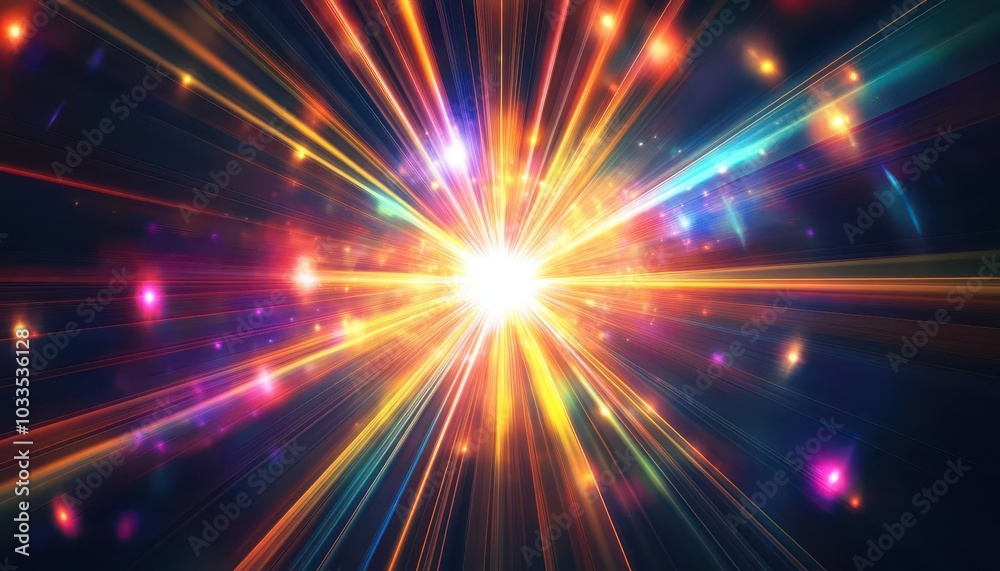 A central burst of light with colorful lens flares, scattering beams across a dark background, full of motion and energy A central burst of light with colorful lens flares, scattering beams across a dark background, full of motion and energy