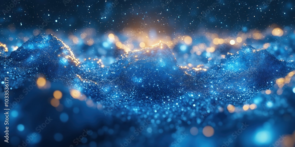 Obraz premium Creative blue digital wallpaper. Waves imitating sound waves with golden luminous particles. Technology, innovation and landing page concept. 3D rendering.