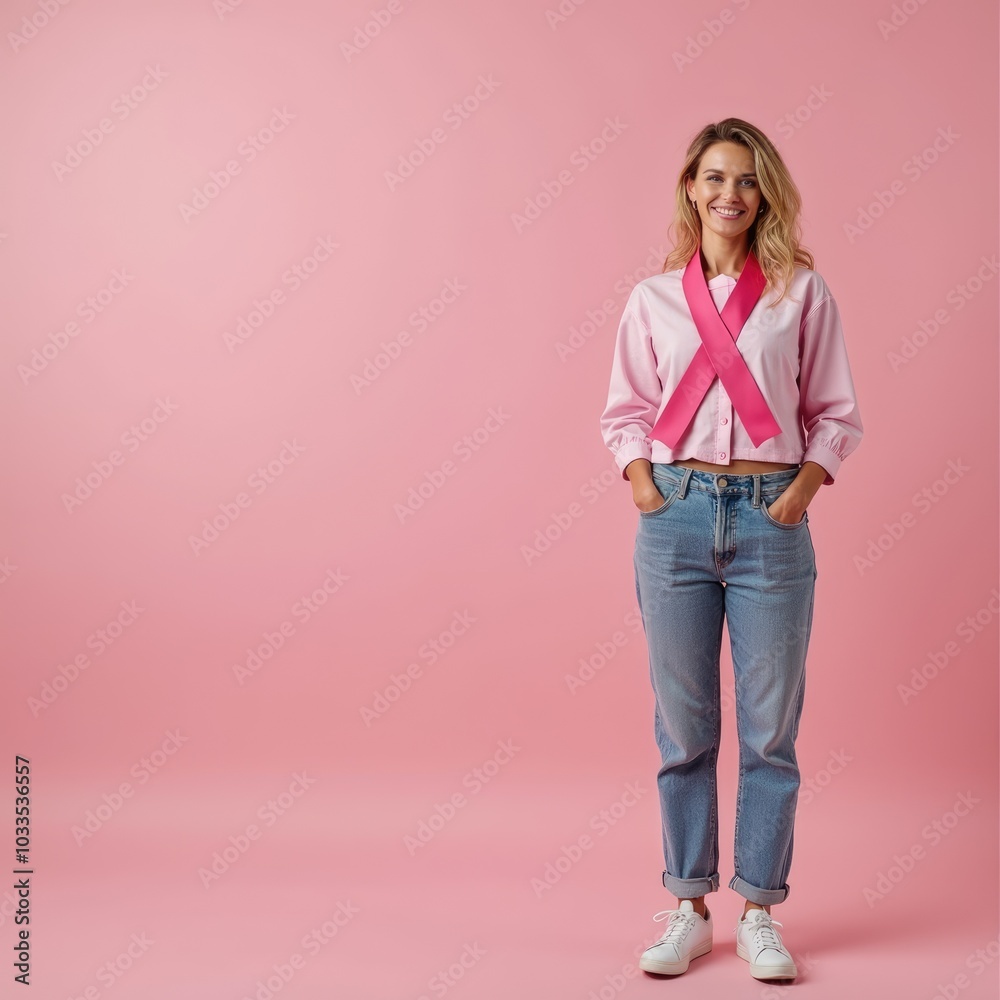 Naklejka premium Woman Breast Cancer Survivor Showcasing Resilience and Hope with pink background. Copy Space. 