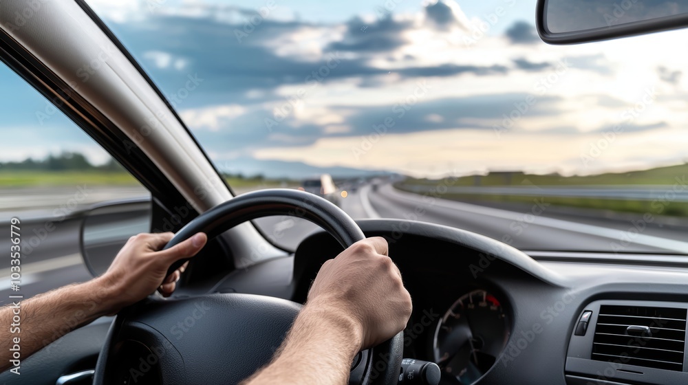A cloudy highway commute, with the driver focusing on the traffic ahead while maintaining control of the vehicle. A cloudy highway commute, with the driver focusing on the traffic ahead while maintaining control of the vehicle.