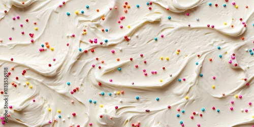 Cake frosting texture backdrop with sprinkles on the surface. photo