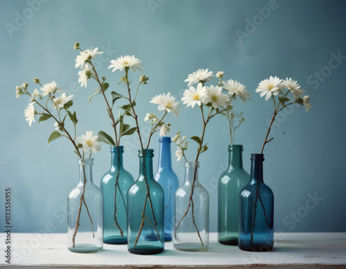 Various white and blue vases with flowering branches