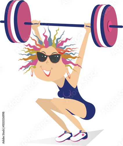 Cartoon woman weightlifter. Woman lifting heavy barbell during workout. 
Female weightlifter training strength gym sport. Cartoon athlete performing powerlifting
