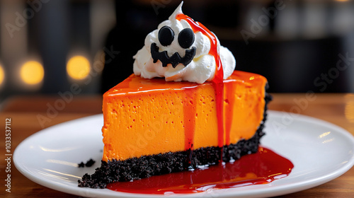 Cheesecake with chocolate cake scrumble in the bottom and whip cream at the top in Halloween concept. photo