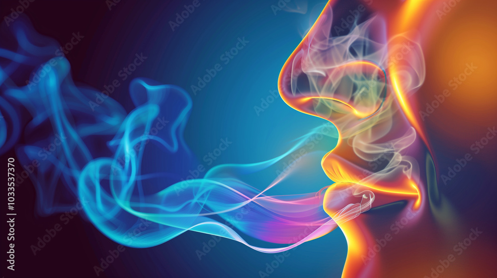 Obraz premium Close-up of human nose during inhalation, capturing the subtle rise and fall of breath, symbolizing life's delicate balance and the continuous cycle of existence