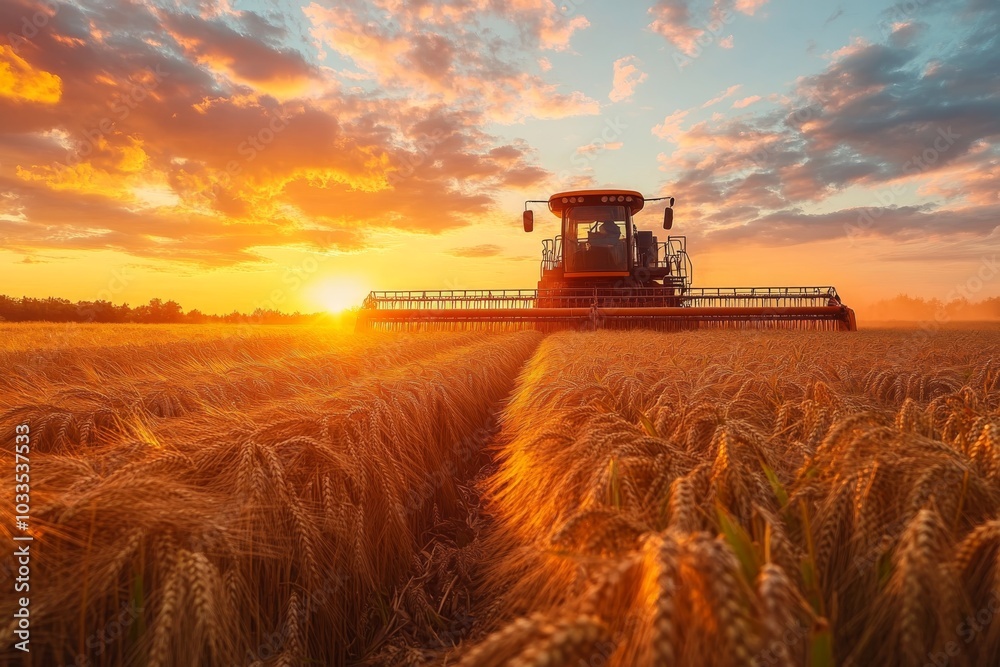 Obraz premium Combine Harvester Harvesting Wheat at Sunset