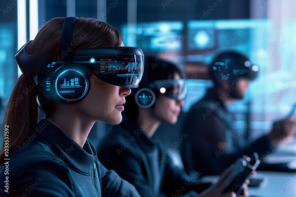 People using augmented reality glasses in a futuristic tech office environment. People using augmented reality glasses in a futuristic tech office environment.