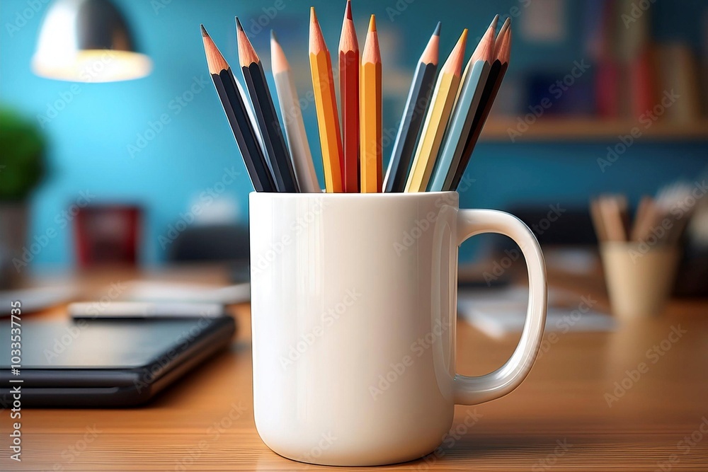 A close-up of a white mug filled with colorful sharpened pencils on a sleek office desk, surrounded by a computer and green plant, ideal for creative settings. A close-up of a white mug filled with colorful sharpened pencils on a sleek office desk, surrounded by a computer and green plant, ideal for creative settings.