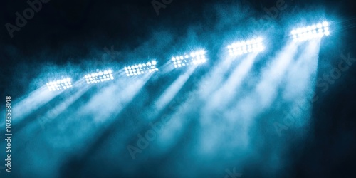 A close-up of stadium floodlights brightens the field. Strong beams of light cut through the darkness, generating a feeling of energy and excitement. photo