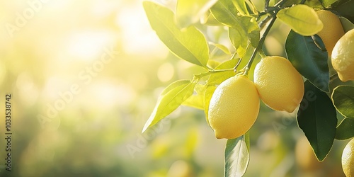 A cluster of fresh, ripe lemons on a branch of a lemon tree in a sunny garden. copy space