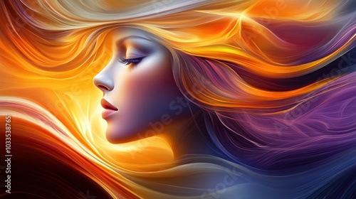 A woman's face with flowing hair, rendered in a vibrant, abstract style with warm colors and swirling lines.