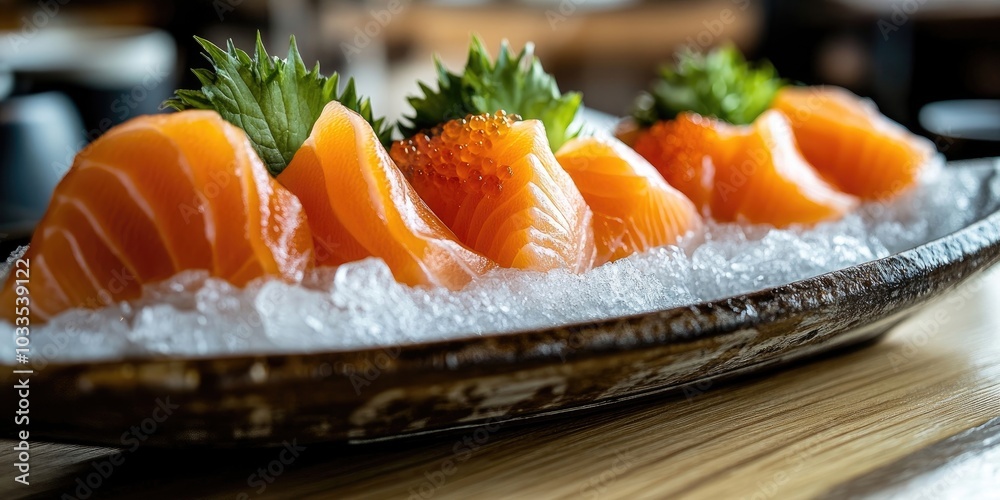 Salmon and Saba on ice presented in a Sashimi combo Boat, photographed closely on a wooden dining table in a Japanese restaurant, with a background featuring copy space. Salmon and Saba on ice presented in a Sashimi combo Boat, photographed closely on a wooden dining table in a Japanese restaurant, with a background featuring copy space.