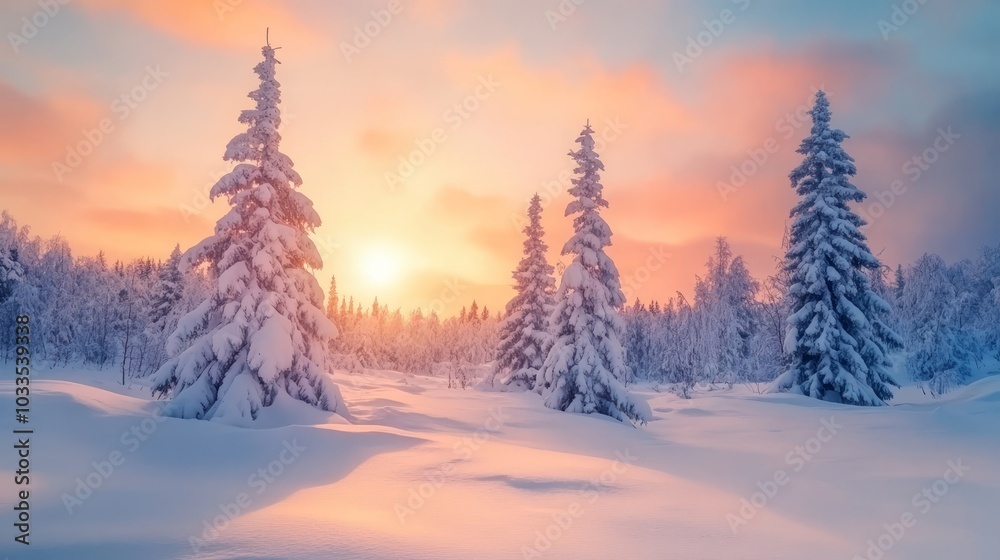 Serene winter sunset over snow-covered landscape in saariselkä, lapland, finland, showcasing frozen pine trees blanketed in snow, perfect for christmas and holiday backgrounds Serene winter sunset over snow-covered landscape in saariselkä, lapland, finland, showcasing frozen pine trees blanketed in snow, perfect for christmas and holiday backgrounds