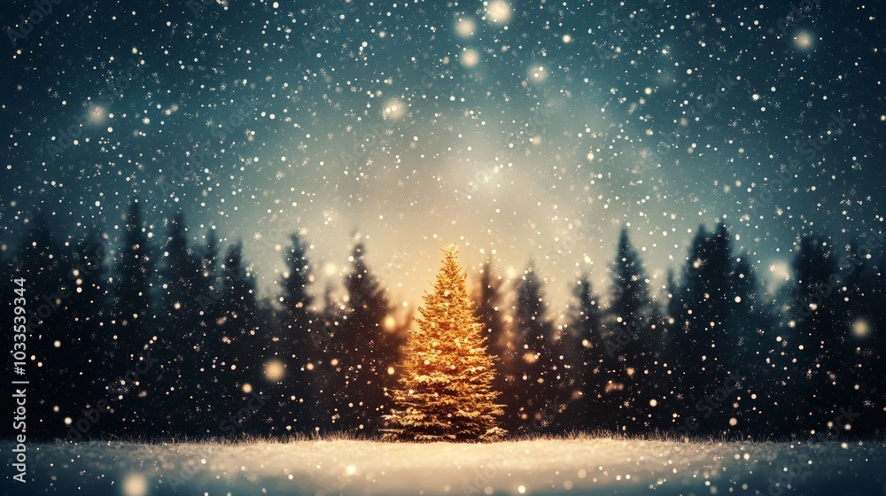 A glowing Christmas tree surrounded by snow, set against a backdrop of a dark forest with snowflakes falling, creating a festive winter scene. A glowing Christmas tree surrounded by snow, set against a backdrop of a dark forest with snowflakes falling, creating a festive winter scene.