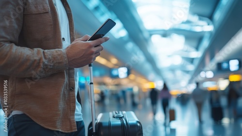 Businessman waits in an airport terminal, using his smartphone to stay connected and informed during his efficient business trip