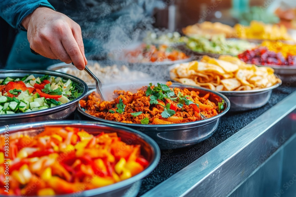 Obraz premium A pan of steaming hot stir-fry with vibrant vegetables and meat, garnished with fresh herbs, cooking at a street food market, creating a delicious and aromatic scene.