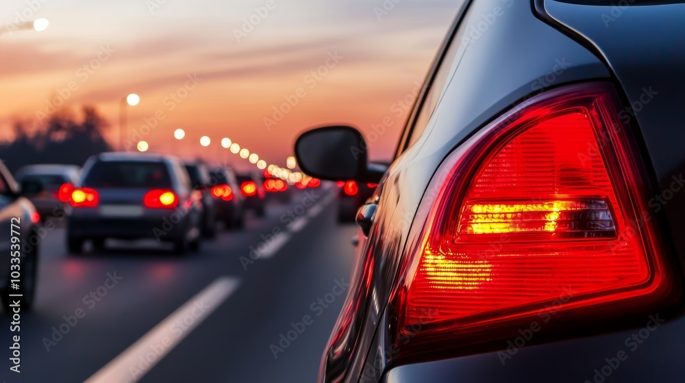 A drivers view of a congested highway, with red brake lights flashing in the distance. A drivers view of a congested highway, with red brake lights flashing in the distance.
