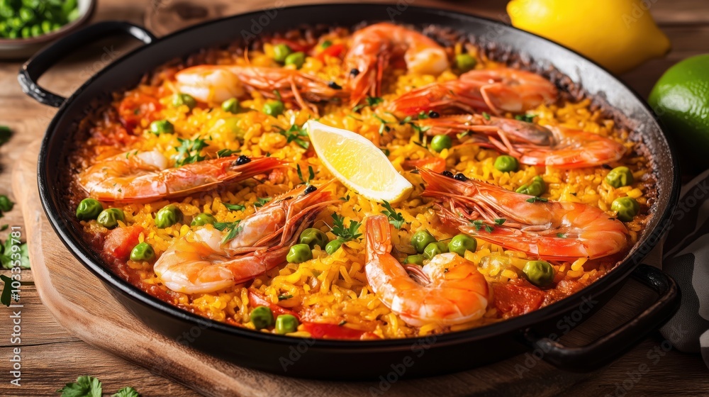Shrimp paella with vibrant colors and fresh ingredients, lemon garnish, green peas
