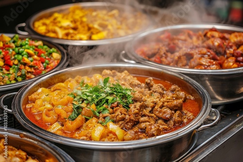 A pan of steaming hot stir-fry with vibrant vegetables and meat, garnished with fresh herbs, cooking at a street food market, creating a delicious and aromatic scene.