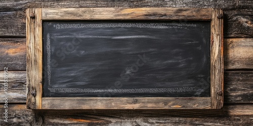 Vintage chalkboard on rustic wood. Arranged in a horizontal format.