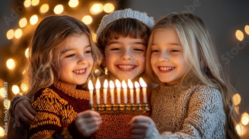 A family Hanukkah moment where children take turns lighting the menorah as part of the festival's traditions.