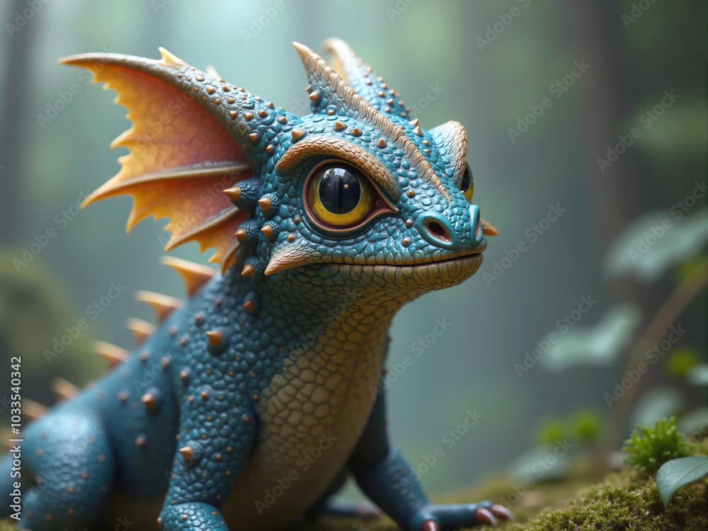 Obraz premium Blue baby dragon resting in a magical forest