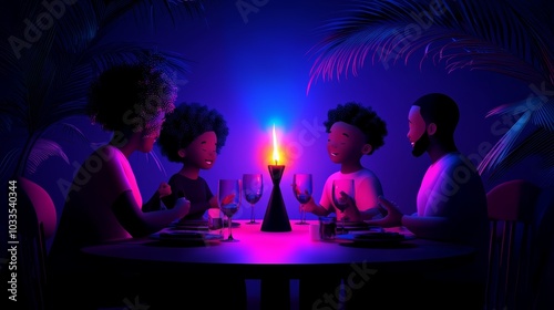 A family singing and celebrating Kwanzaa with the kinara glowing brightly in the center of the table. photo