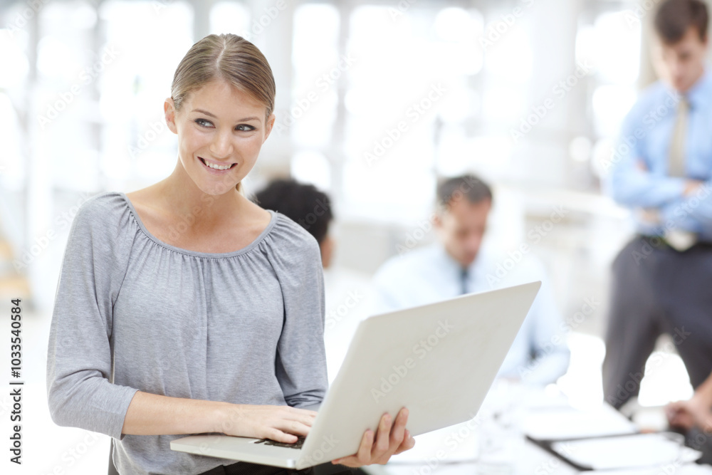 Happy woman, laptop and thinking in office for business, email and connectivity in firm. Accountant, computer and smile at team for finance management, planning and calendar schedule in workplace Happy woman, laptop and thinking in office for business, email and connectivity in firm. Accountant, computer and smile at team for finance management, planning and calendar schedule in workplace