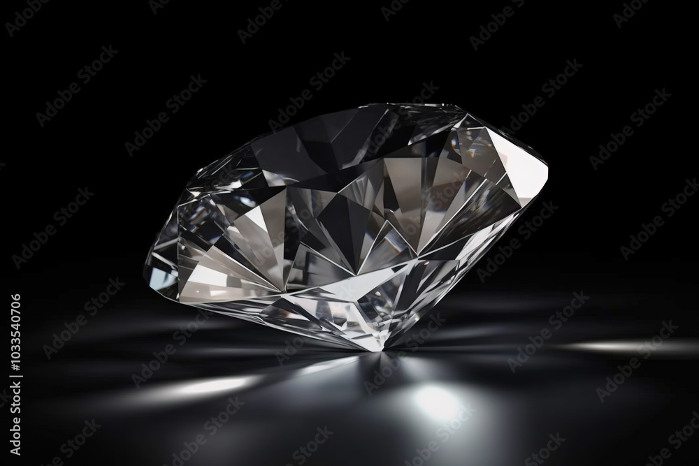 Diamond is a rare precious natural geological stone on a black background in low key. AI generated.