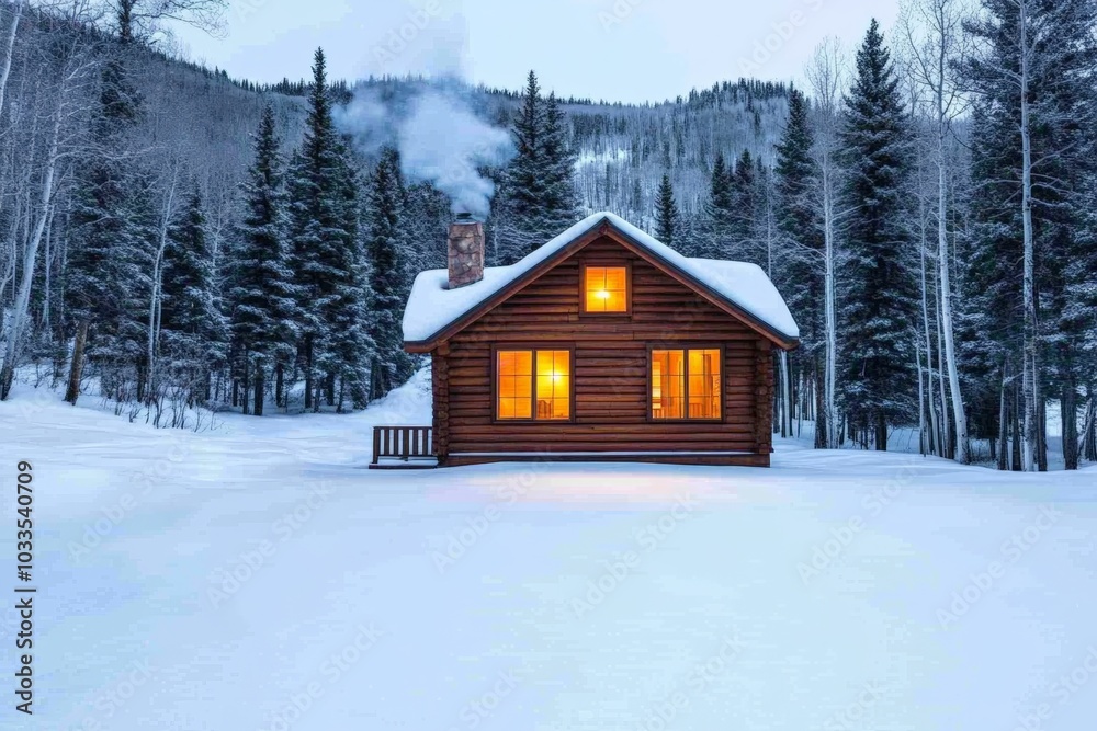 A cozy wooden cabin with glowing windows nestled in a snow-covered landscape, surrounded by a forest of tall, snow-dusted pine trees. A cozy wooden cabin with glowing windows nestled in a snow-covered landscape, surrounded by a forest of tall, snow-dusted pine trees.