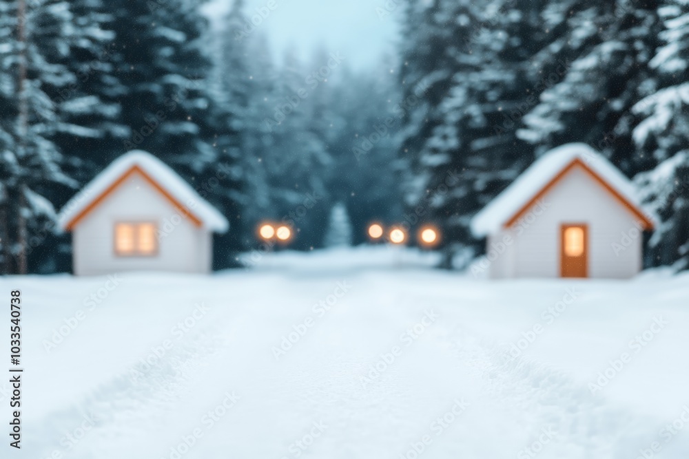 A snowy village scene with two cozy cabins in the foreground, soft glowing lights inside, and a path leading into the snow-covered woods. The background fades into a serene winter landscape. A snowy village scene with two cozy cabins in the foreground, soft glowing lights inside, and a path leading into the snow-covered woods. The background fades into a serene winter landscape.