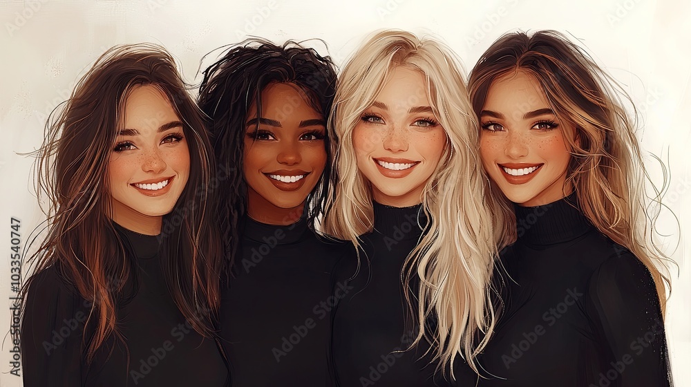 Joyful women of different backgrounds embracing and smiling together Joyful women of different backgrounds embracing and smiling together