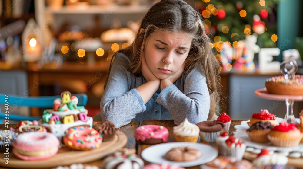 Sad person surrounded by sugary foods, reflecting the struggle between indulgence and emotional well-being, highlighting the complexities of comfort and self-care Sad person surrounded by sugary foods, reflecting the struggle between indulgence and emotional well-being, highlighting the complexities of comfort and self-care