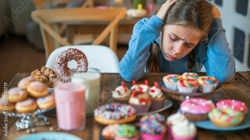 Sad person surrounded by sugary foods, reflecting the struggle between indulgence and emotional well-being, highlighting the complexities of comfort and self-care photo