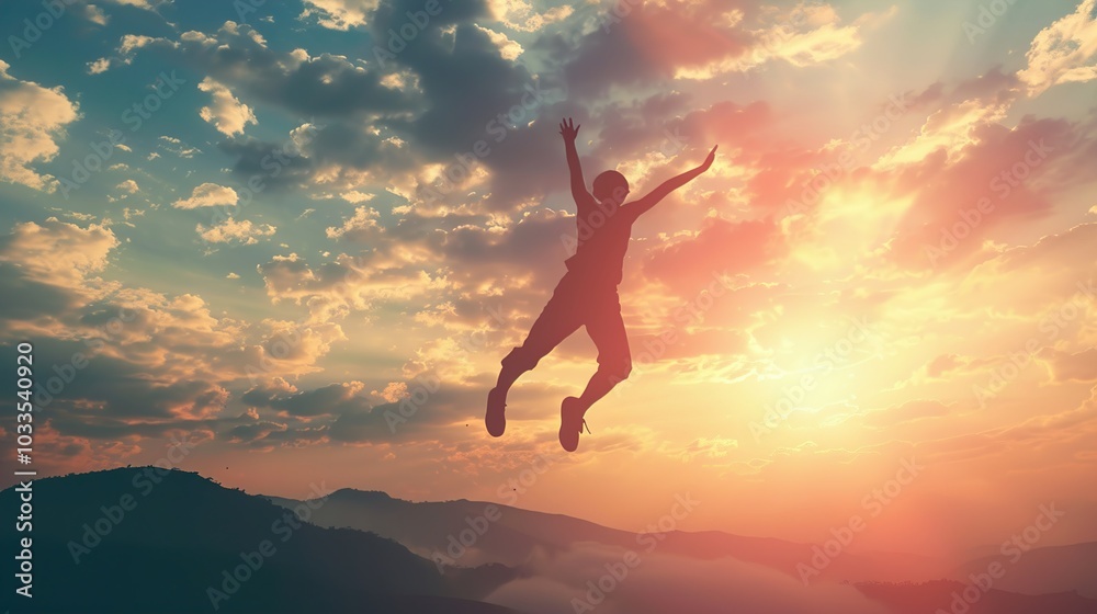 Silhouette of a Person Jumping Towards the Sunset Silhouette of a Person Jumping Towards the Sunset