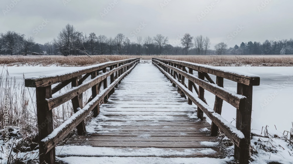 Snow-covered wooden bridge in a serene winter landscape on a frosty day in stare juchy, poland, surrounded by majestic pine trees and sparkling white snow, capturing the tranquil beauty of a picturesq Snow-covered wooden bridge in a serene winter landscape on a frosty day in stare juchy, poland, surrounded by majestic pine trees and sparkling white snow, capturing the tranquil beauty of a picturesq