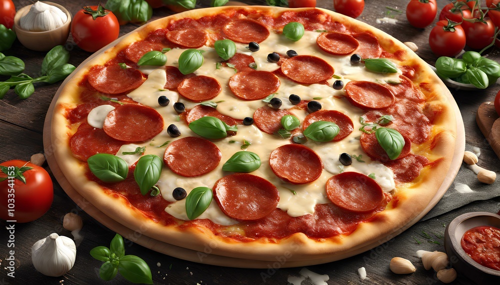 meat pizza with salami and vegetables