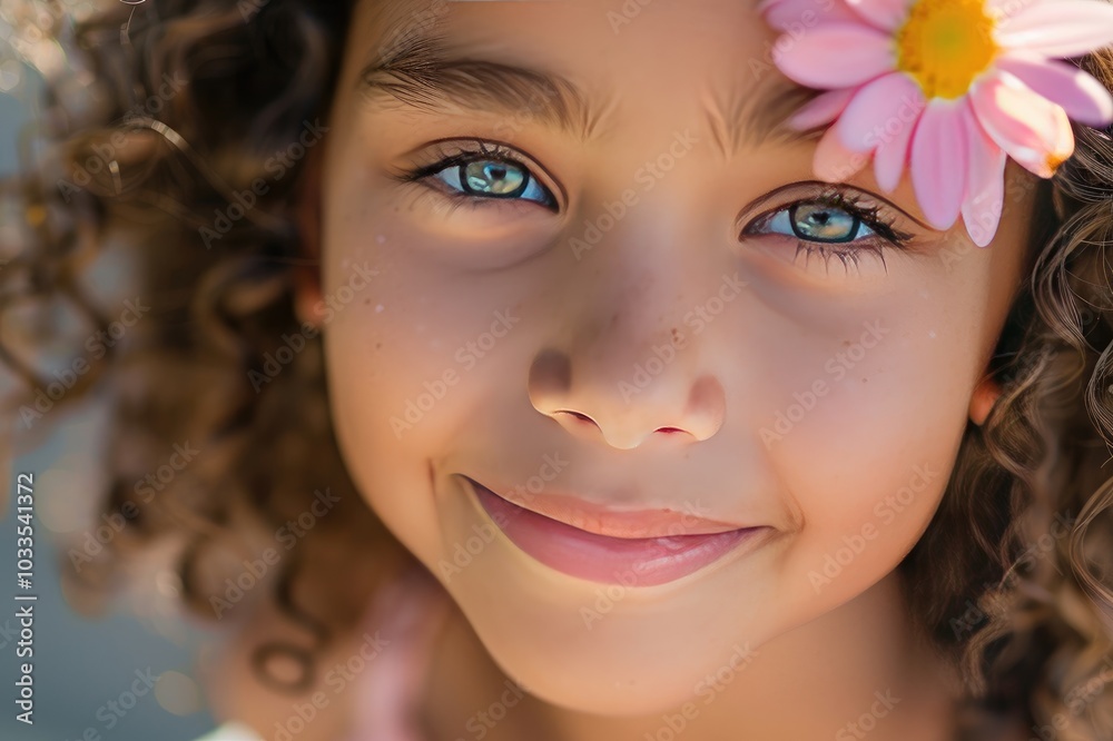 Smiling girl portrait with a flower on her eye Smiling girl portrait with a flower on her eye