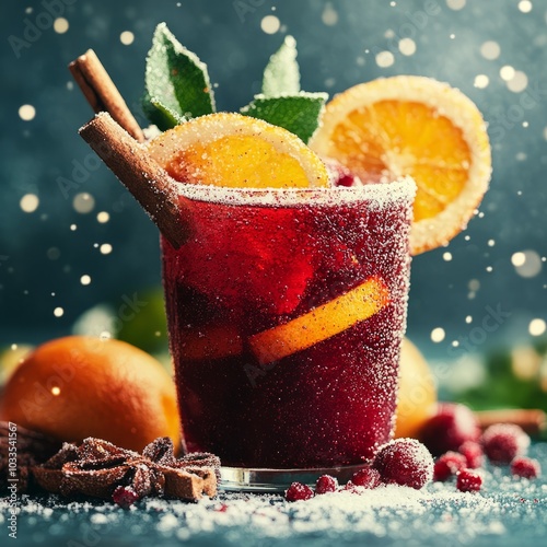 A festive drink garnished with fruits and spices, evoking a cozy atmosphere. photo