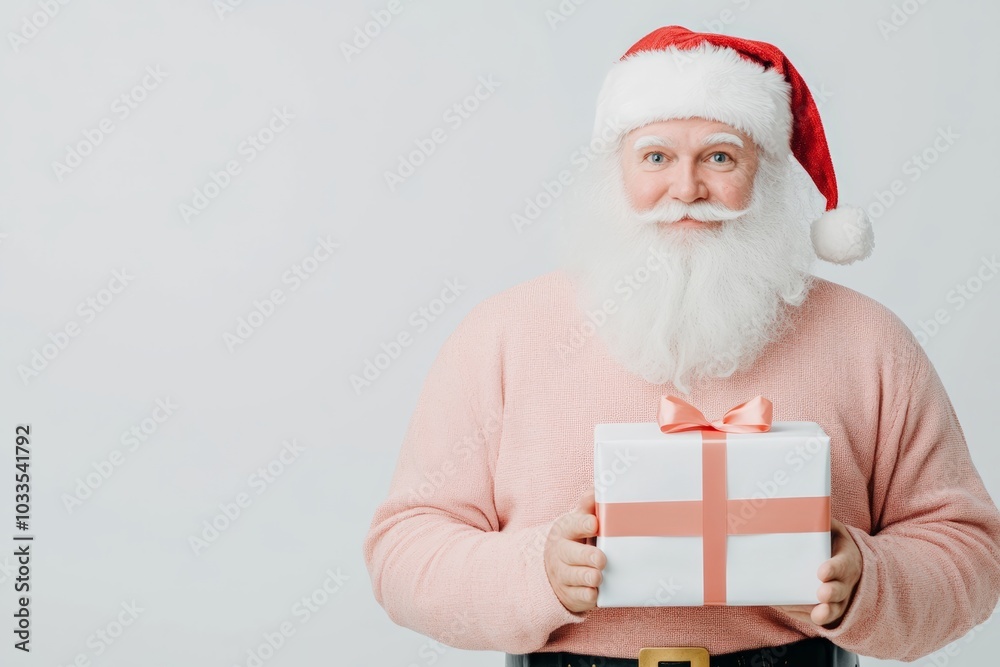 Smiling Santa Claus holding a wrapped Christmas present, standing against a neutral background, spreading holiday cheer and joy. Smiling Santa Claus holding a wrapped Christmas present, standing against a neutral background, spreading holiday cheer and joy.