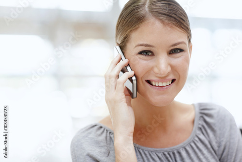 Phone call, happy and portrait of businesswoman in office with communication, networking or contact. Cellphone, smile and financial planner on mobile discussion with stakeholder client for investment