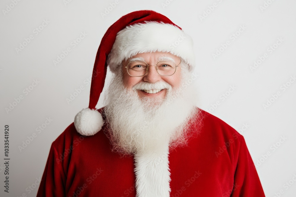 Naklejka premium Santa Claus with a happy smile, wearing his classic red suit and glasses, spreading holiday cheer and warmth.