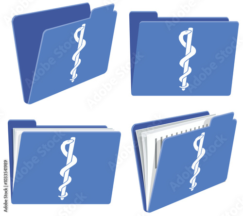 Collection of blue folder icons with doctor's caduceus symbol empty or filled with documents isolated (cut out)