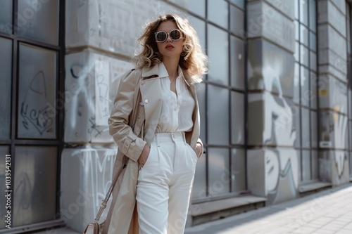 Stilysh woman in white outfit holding beige stylish trench coat. Curly pretty lady in fashionable pants and blouse poses with handbag in apartment