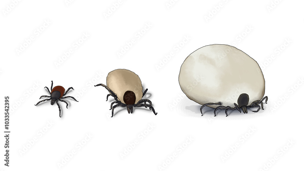 Hand-drawn, digital illustration of a tick in three different stages on a transparent background Hand-drawn, digital illustration of a tick in three different stages on a transparent background