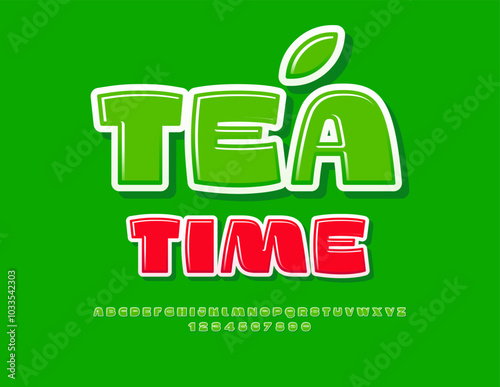 Vector creative emblem Tea Time. Stylish Green Font. Modern Glossy Alphabet Letters and Numbers set.