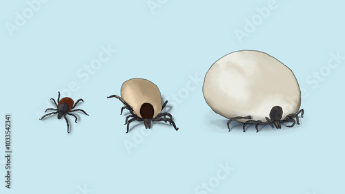 Hand-drawn, digital illustration of a tick in three different stages on a blue background photo