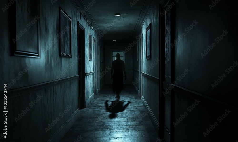 Dark hallway with a lone silhouette. Dark hallway with a lone silhouette.