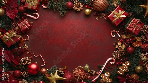 New Year themed background with red and gold decorations, including red Christmas gift boxes and gold ribbons, candy canes, gingerbread cookies, snowflakes, stars, pine cones and garlands on the right